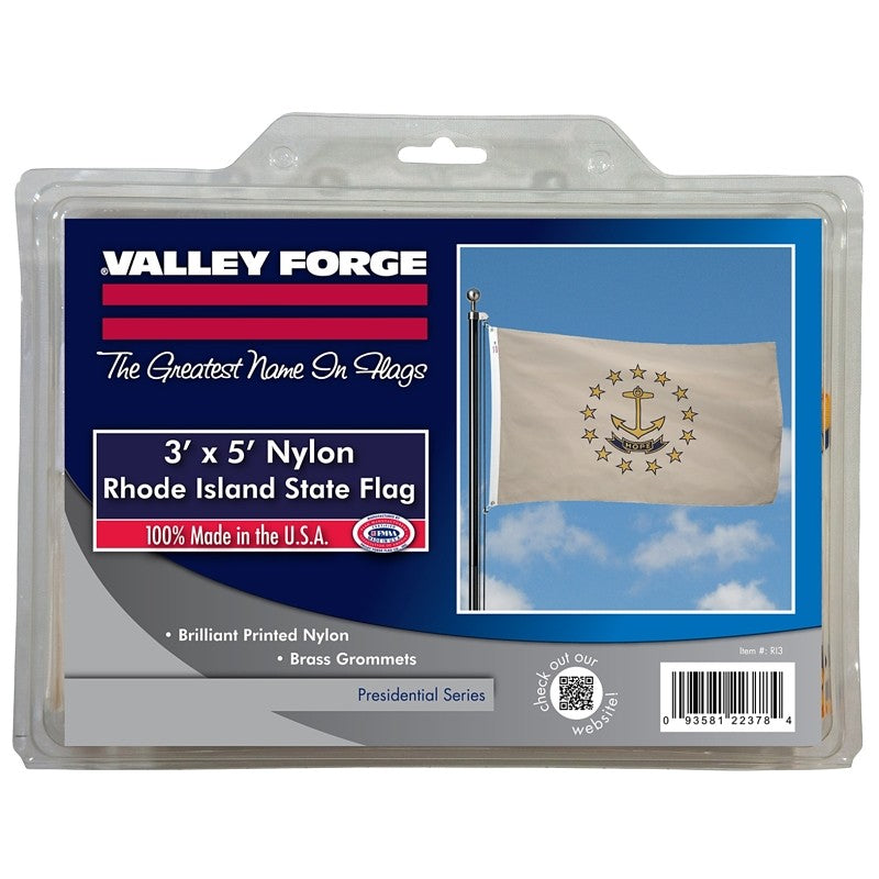 Valley Forge RI3 Flag with Brass Grommet, 5 ft L, 3 ft W, Rhode Island, HOPE, Nylon