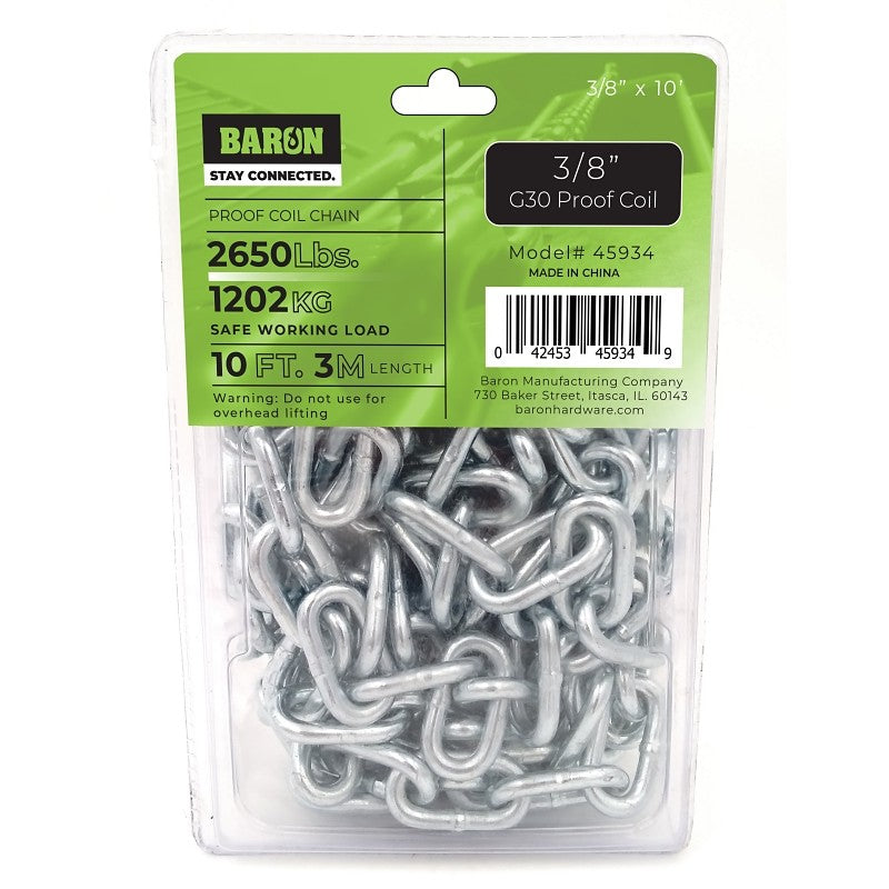 Baron 45934 Proof Coil Chain, 10 ft L, G30 Grade, Steel, Zinc Plated