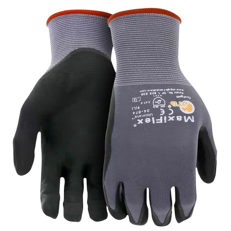 Boss MaxiFlex Ultimate 34-874T/M Seamless Knit Coated Gloves, Unisex, M, 8.7 in L, Knit Wrist Cuff, Nitrile Coating