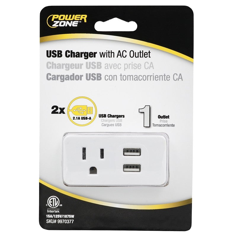 PowerZone ORPBU0012 Outlet Tap, 2.1 A, 2-USB Port, 1-Outlet, White