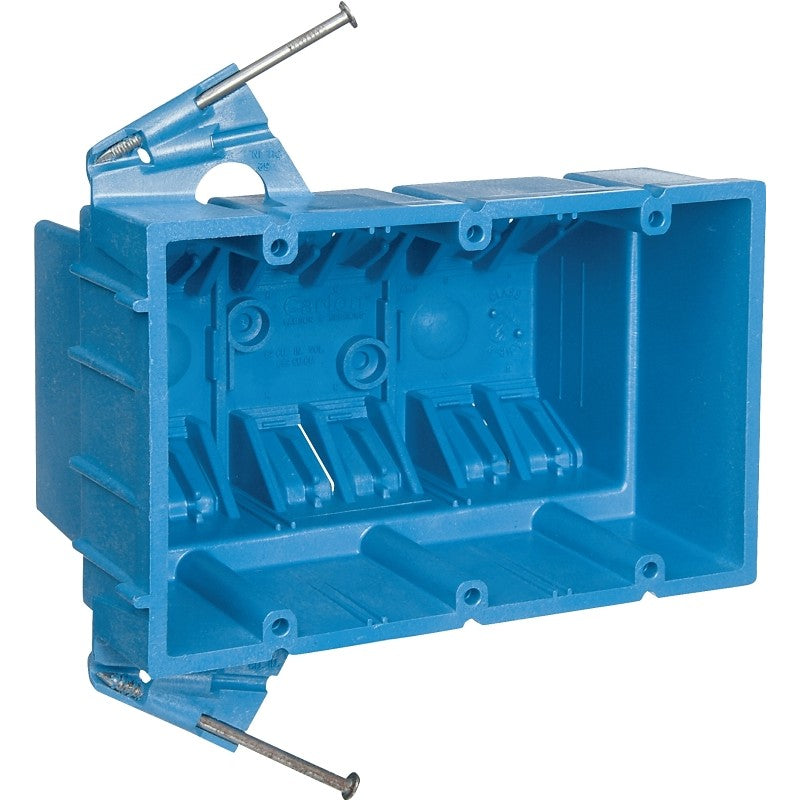 Carlon BH353A Outlet Box, 3 -Gang, PVC, Blue, Nail Mounting