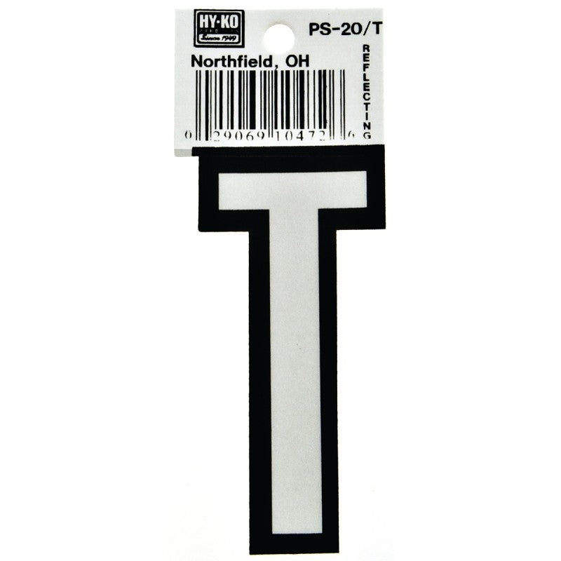 Hy-Ko PS-20/T Reflective Letter, Character: T, 3-1/4 in H Character, Black/White Character, Vinyl (Pack of 10)