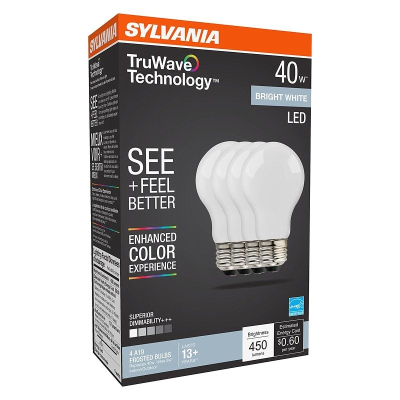 Sylvania Natural 41296 LED Bulb, A19 Lamp, 40 W Equivalent, E26 Medium Lamp Base, Dimmable, Frosted