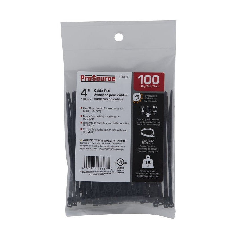 ProSource CT0902 Cable Tie, 22 mm Max Bundle Dia, Self-Locking Locking, Nylon, Black