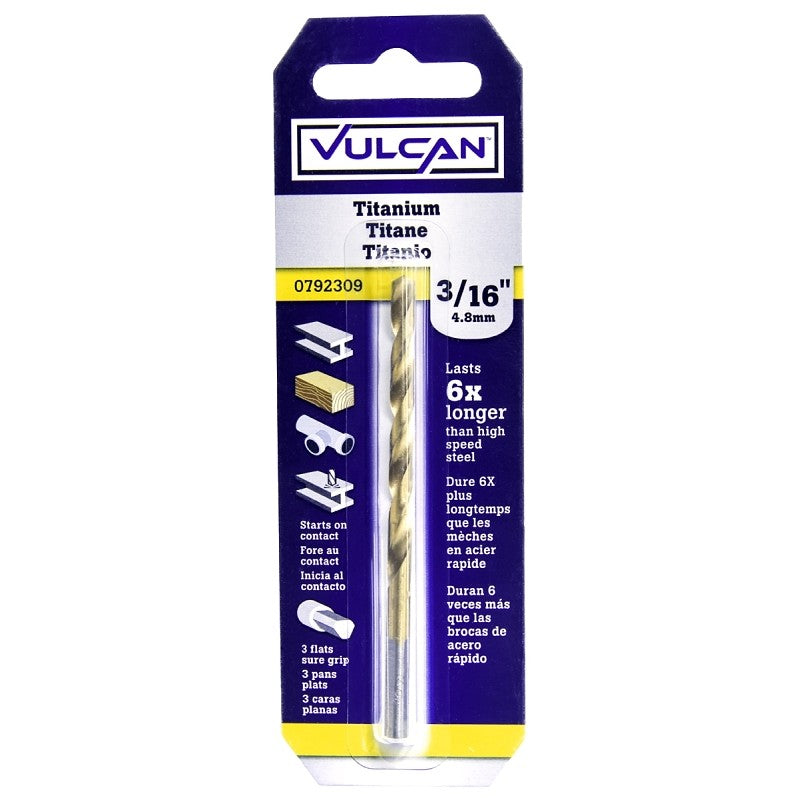 Vulcan 219031OR Jobber Drill Bit, 3/16 in Dia, 3-1/2 in OAL, 3-Flat Shank