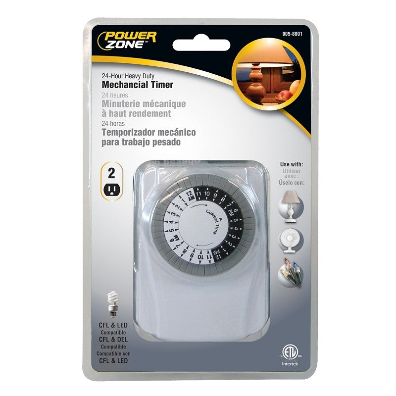 PowerZone TNI2423 Electromechanical Timer, 15 A, 125 V, 1875 W, 2-Outlet, 24 hrs Time Setting, White