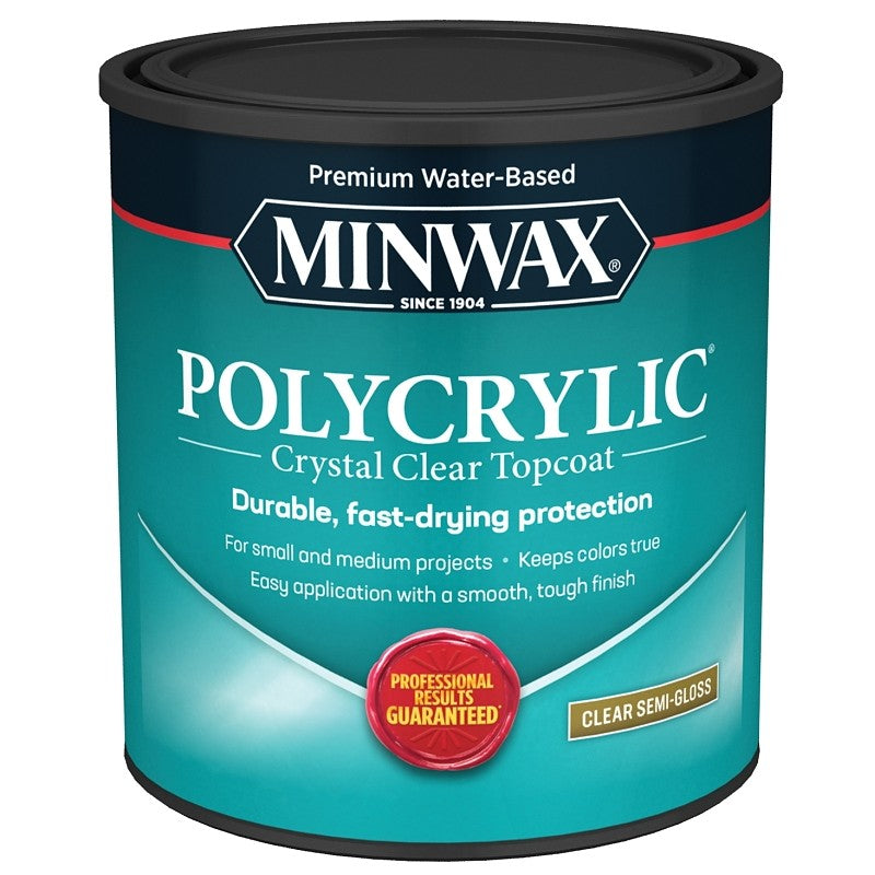 Minwax Polycrylic 64444444 Waterbased Polyurethane, Semi-Gloss, Liquid, Crystal Clear, 1 qt, Can