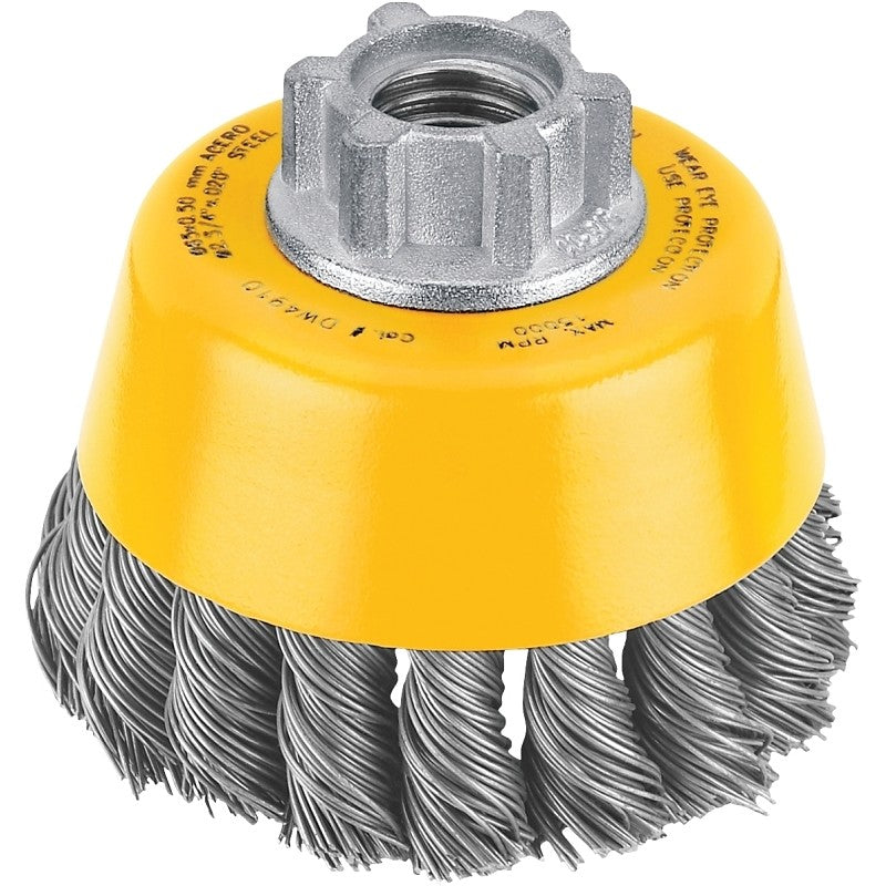 DEWALT DW4910 Wire Cup Brush, 3 in Dia, 5/8-11 Arbor/Shank, 0.02 in Dia Bristle, 7/8 in L Bristle Trim