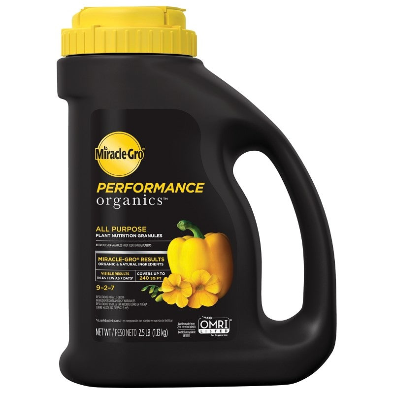 Miracle-Gro Performance Organics 3003501 All-Purpose Plant Nutrition, 2.5 lb Jug, Solid, 9-2-7 N-P-K Ratio