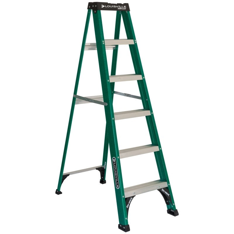 Louisville FS4006 Step Ladder, 6 ft H, Type II Duty Rating, Fiberglass, 225 lb, 5-Step, 124 in Max Reach