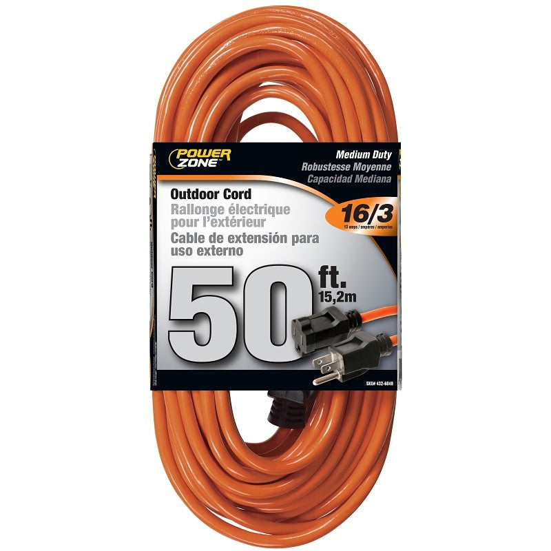 PowerZone OR501630 Extension Cord, 16 AWG Cable, 5-15P Grounded Plug, 5-15R Grounded Receptacle, 50 ft L, 125 V