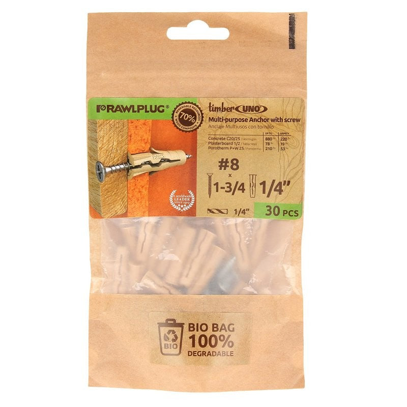 Rawlplug Rawl Uno Series R-BIO-UNOT1/4+8-1 Multi-Purpose Anchor, 16 mm Thread, 1-1/4 in L, Polypropylene/Timber