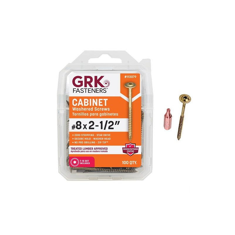 GRK Fasteners 113079 Cabinet Screw, #8 Thread, 2-1/2 in L, W-Cut Thread, Low-Profile, Washer Head, Star Drive, Steel