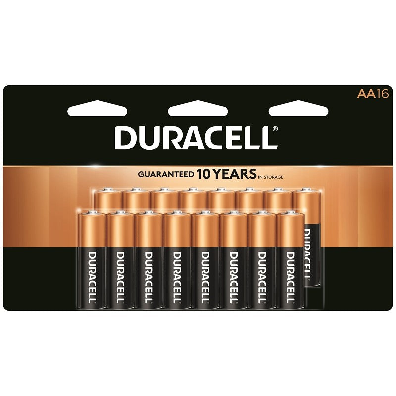 Duracell COPPERTOP MN1500 Series MN1500B16 Battery, 1.5 V Battery, AA Battery, Alkaline, Manganese Dioxide, 16/PK