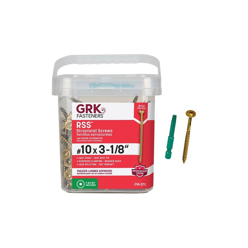 GRK Fasteners RSS 11137 Structural Screw, 3-1/8 in L, W-Cut Thread, Washer Head, Recessed Star Drive, Zip-Tip Point