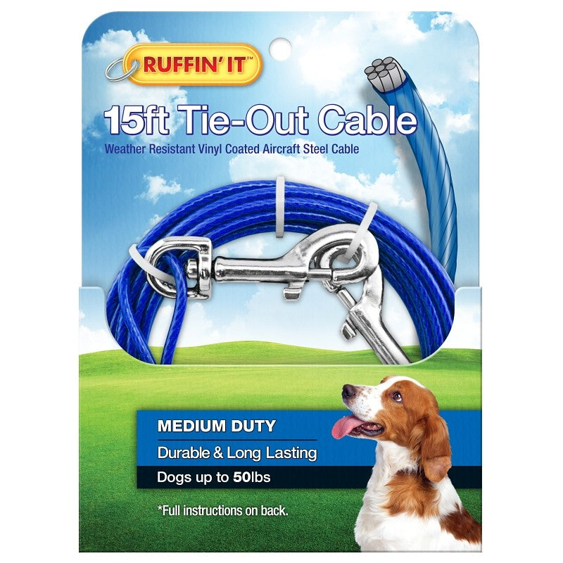 Ruffin'It 29115 Cable Tie-Out, Medium-Duty, Swivel Snap End, 15 ft, Steel, Blue, For: Dogs up to 50 lb