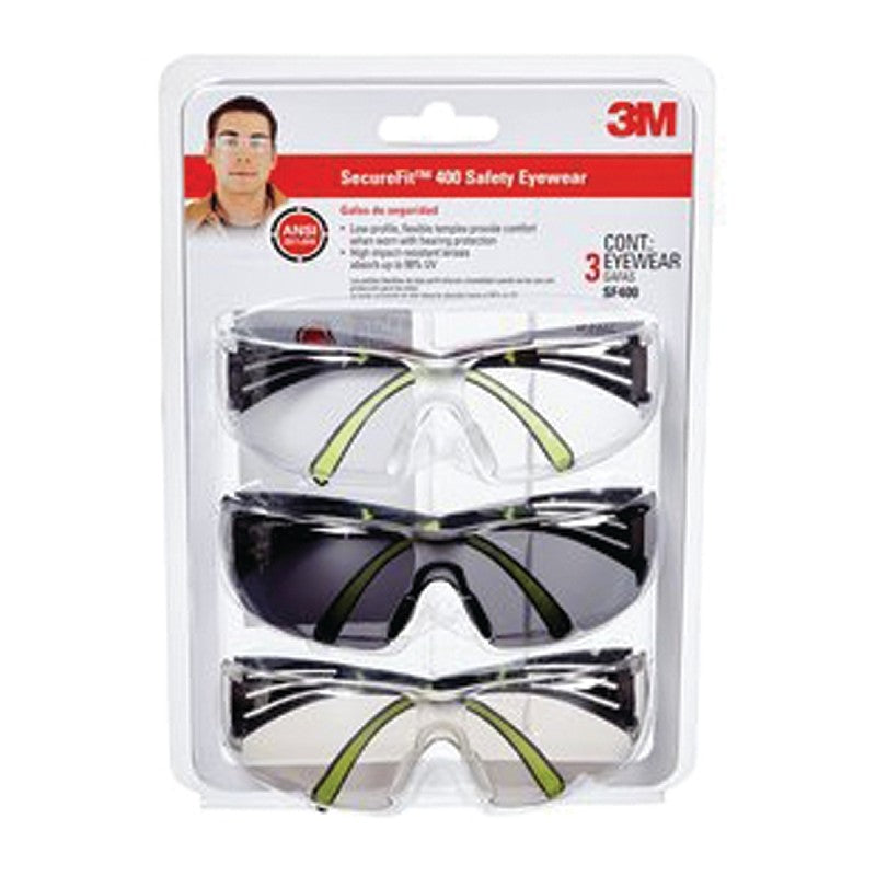 3M SF400-W-3PK Safety Eyewear, Clear/Gray Lens, Neon Green/Black Frame, Anti-Fog, Scratch-Resistant Lens