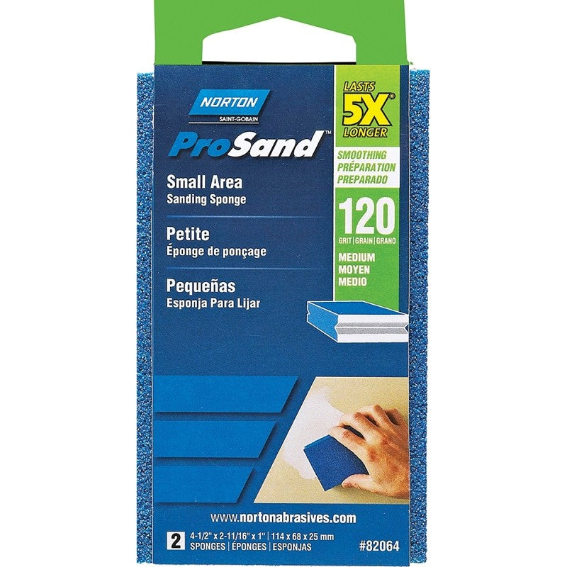 Norton ProSand 82064 Sanding Sponge, 4-1/2 in L, 2-11/16 in W, 120 Grit, Coarse, Aluminum Oxide Abrasive