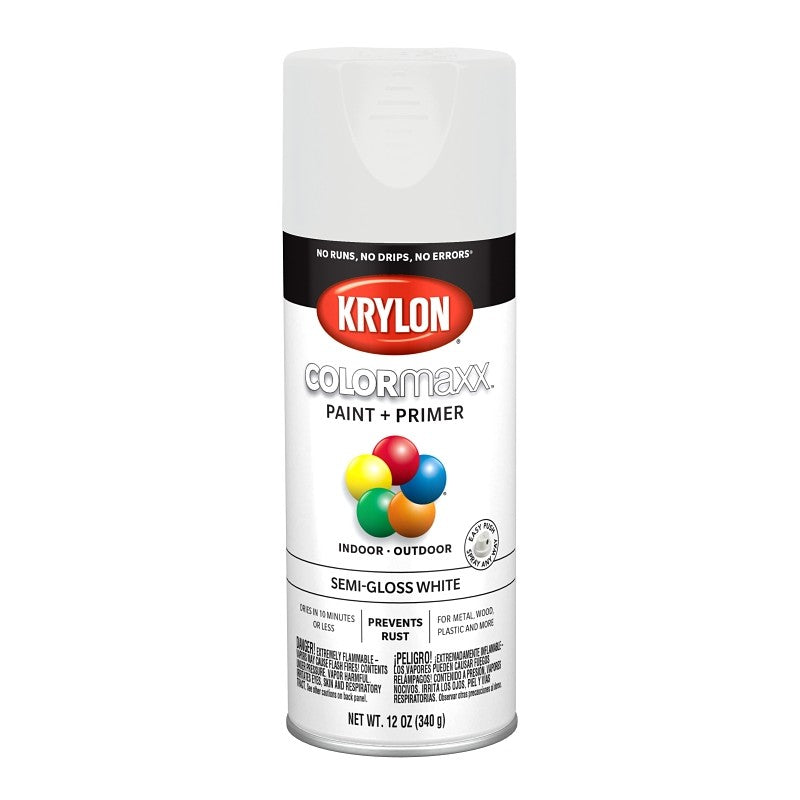 Krylon K05580007 Enamel Spray Paint, 12 oz Can, 25 sq-ft Coverage Area, Acrylic Base, Semi-Gloss, White