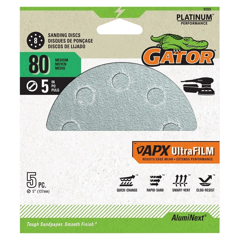 Gator 9203 Sanding Disc, 5 in Dia, 80 Grit, Medium, Ceramic Alumina Abrasive, Ultra Film Backing