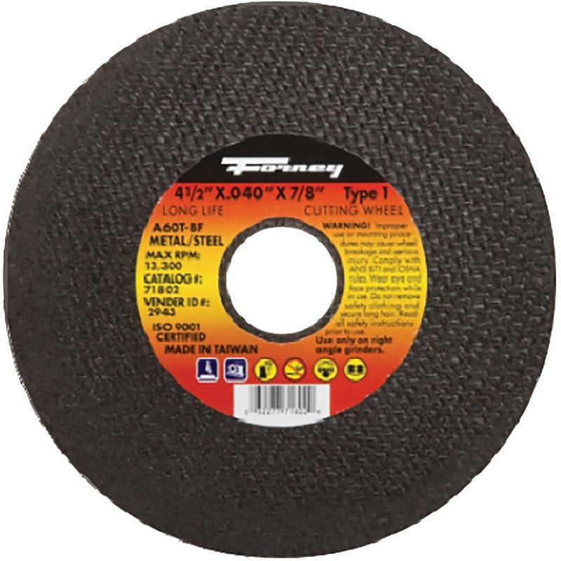 Forney 71802 Cut-Off Wheel, 4-1/2 in Dia, 0.04 in Thick, 7/8 in Arbor, 60 Grit, Medium, Aluminum Oxide Abrasive