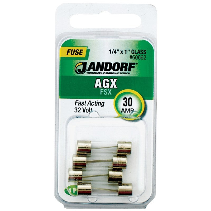 Jandorf 60662 Fast Acting Fuse, 30 A, 32 V, 100, 1000 A Interrupt, Glass Body