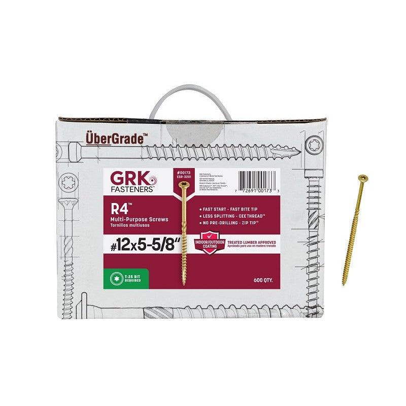 GRK Fasteners R4 00173 Framing and Decking Screw, #12 Thread, 5-5/8 in L, Round Head, Star Drive, Steel, 600 BX