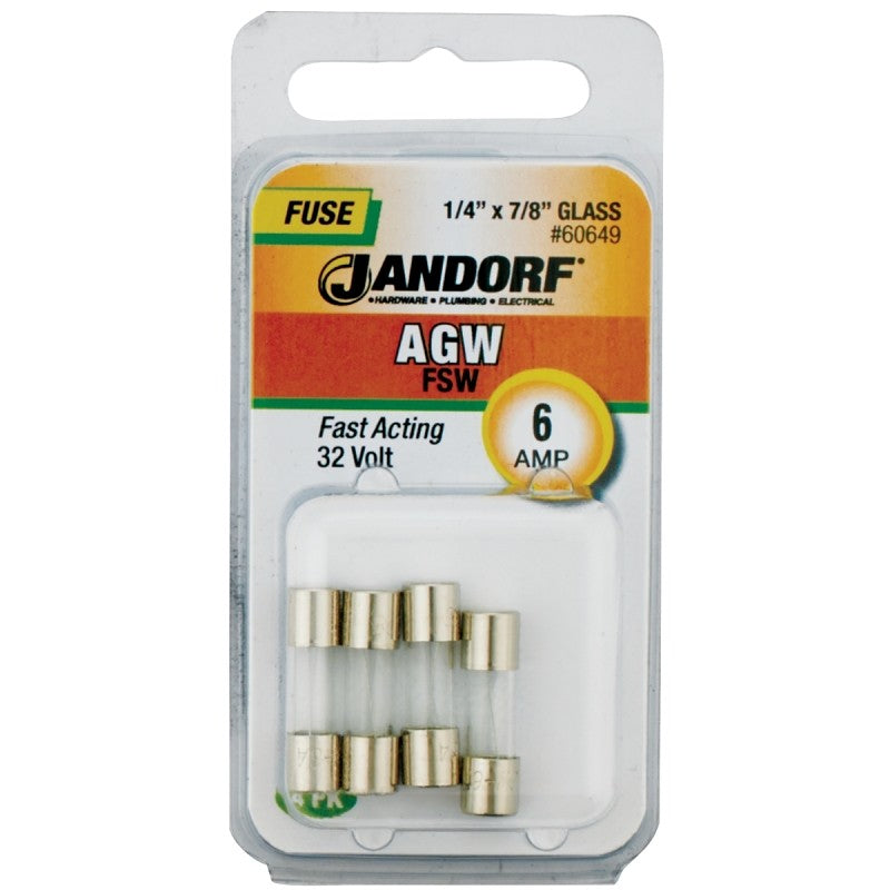 Jandorf 60649 Fast Acting Fuse, 6 A, 32 V, 10 kA Interrupt, Glass Body