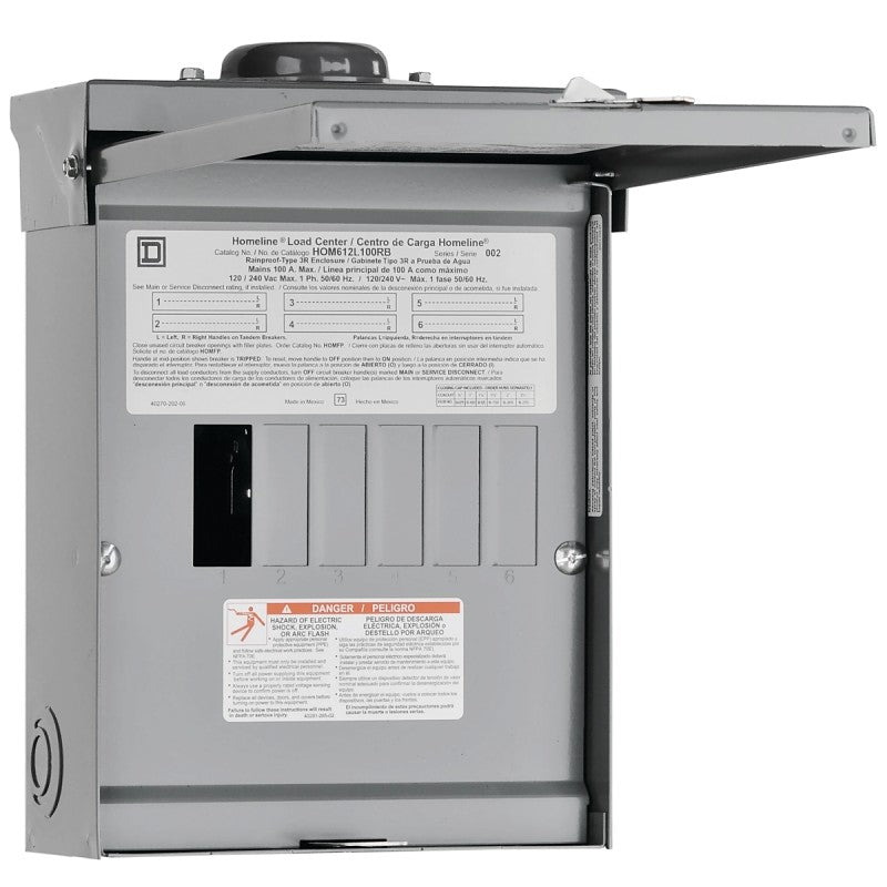 Square D Homeline HOM612L100RBCP Load Center, 100 A, 6 -Space, 12 -Circuit, Main Lug, NEMA 3R Enclosure, Gray