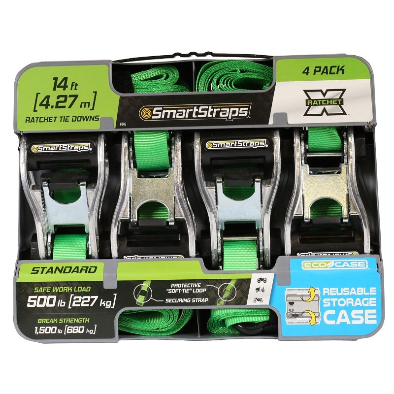 SmartStrap 345 Tie-Down, 1 in W, 14 ft L, Polyester, Green, 500 lb, S-Hook End Fitting, Steel End Fitting