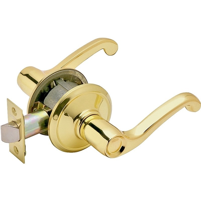 Schlage F Series F10 FLA 605 Passage Lever, Mechanical Lock, Bright Brass, Metal, 2 Grade, Residential