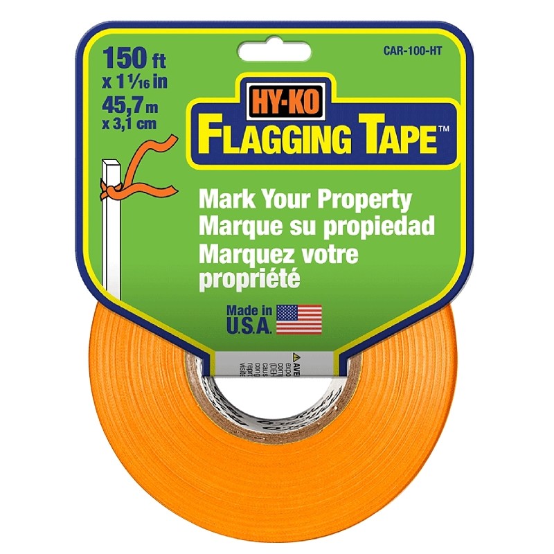 Hy-Ko CAR-100-HT Flagging Tape, 150 ft L, 1-1/16 in W, Orange, Plastic (Pack of 3)