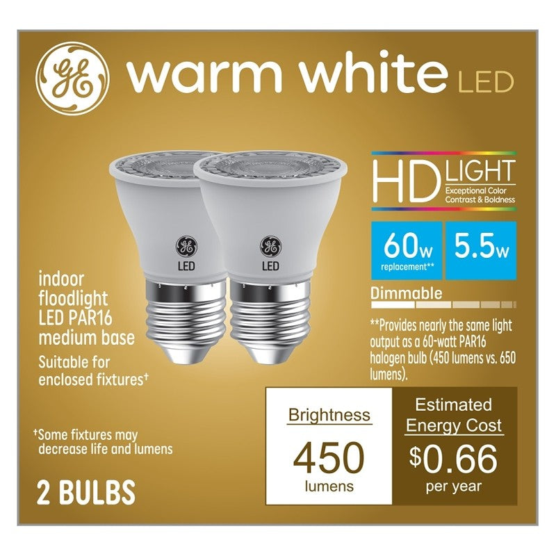 GE 93129799 LED Bulb, PAR16 Lamp, 65 W Equivalent, Medium Lamp Base, Dimmable, Warm White, 3000 K Color Temp