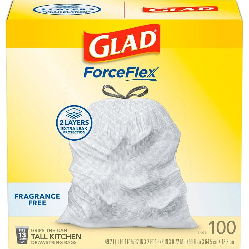 Glad ForceFlex Series 22540 Fragrance-Free Trash Bag, 13 gal, Plastic
