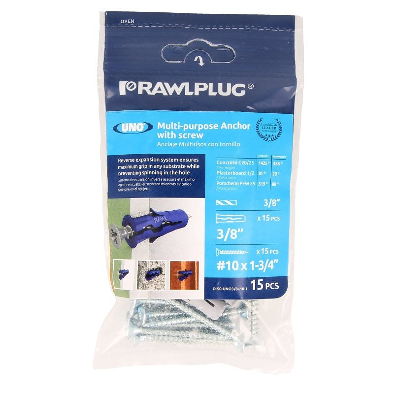 Rawlplug Rawl Uno Series R-S0-UNO3/8+10-1 Multi-Purpose Anchor, 16 mm Thread, 1 in L, Polypropylene (Pack of 5)
