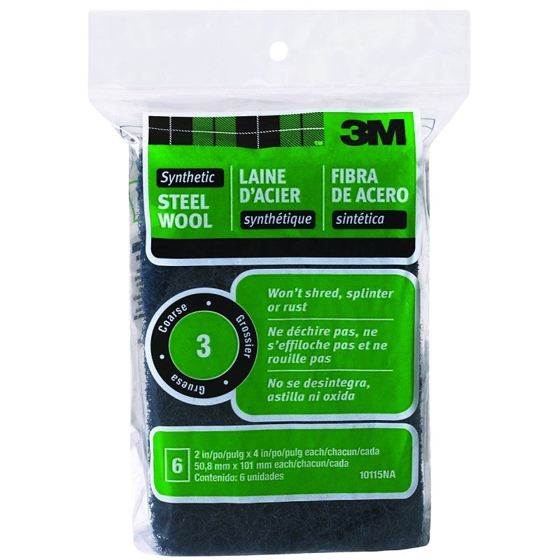 3M 10115 Steel Wool, 4 in L, 2 in W, #3 Grit, Coarse, Black