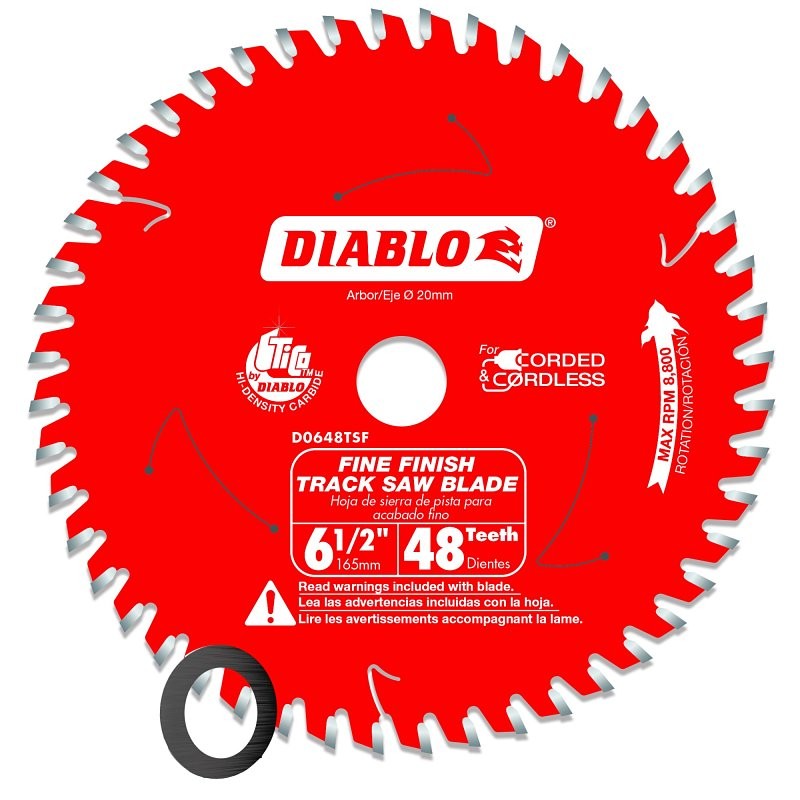 Diablo D0648TSF Track Saw Blade, 6-1/2 in Dia, 20 mm Arbor, 48-Teeth, Carbide Cutting Edge