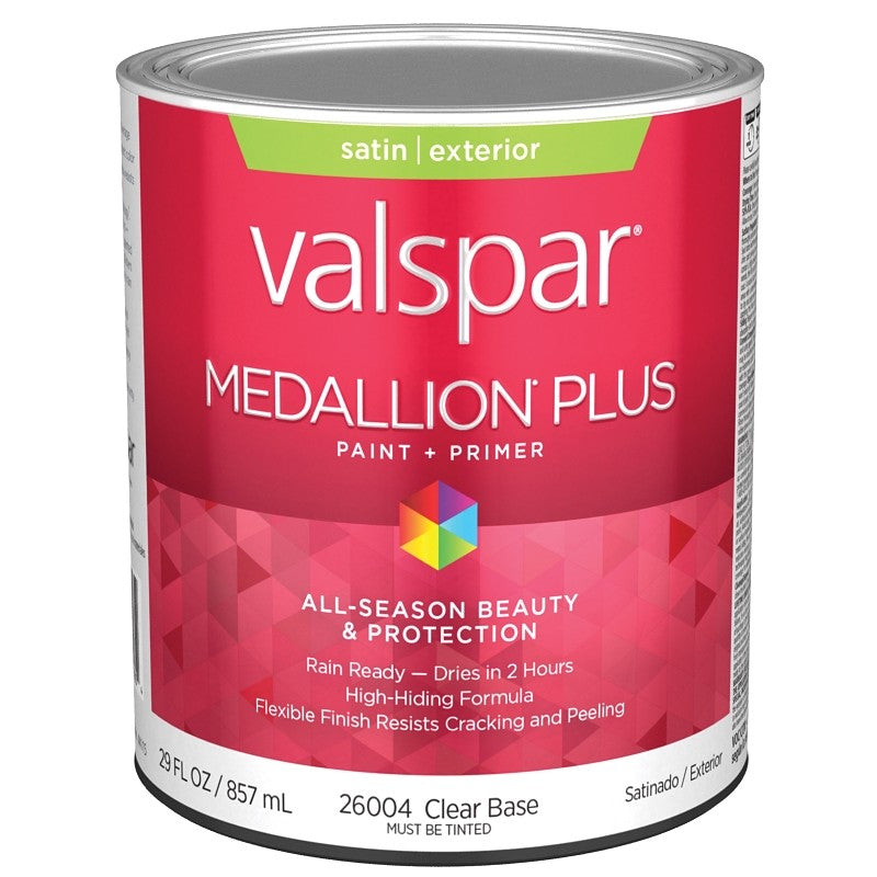 Valspar Medallion Plus 2600 028.0026004.005 Latex Paint, Acrylic Base, Satin Sheen, Clear Base, 1 qt, Plastic Can