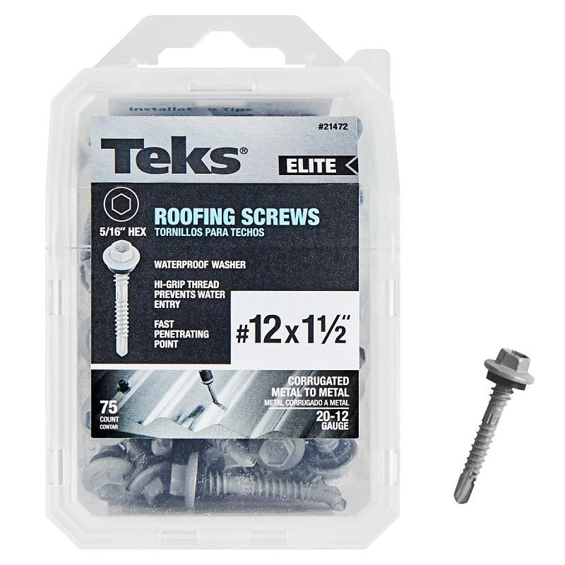 Teks Elite Series 21472 Roofing Screw, 1-1/2 in L, Coarse Thread, Washer Head, Hex Drive, Drill Point, Steel, 75