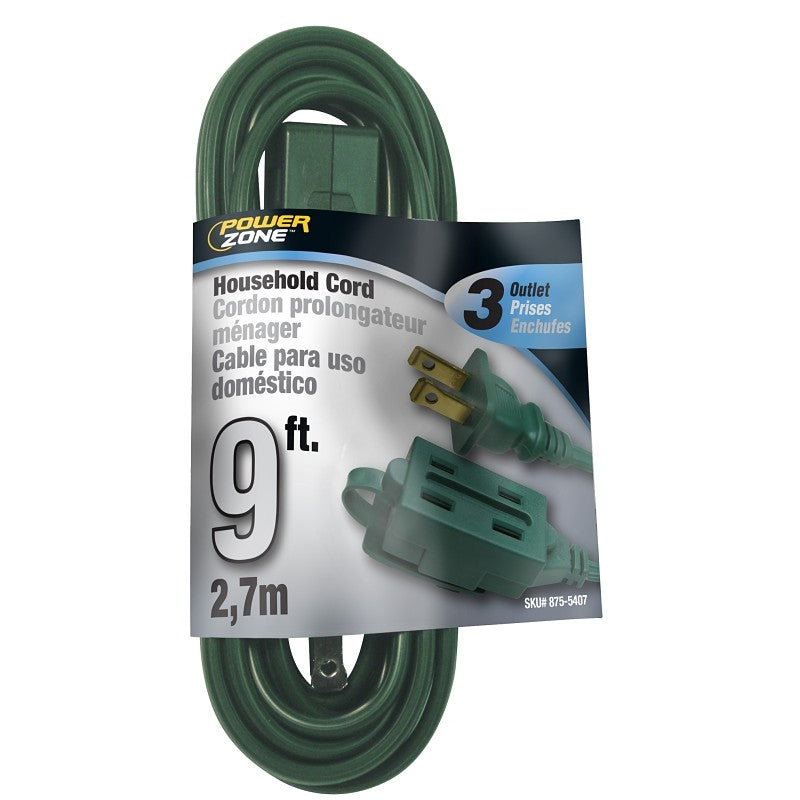 PowerZone OR780609 Extension Cord, 16 AWG Cable, 9 ft L, 125 V, Green