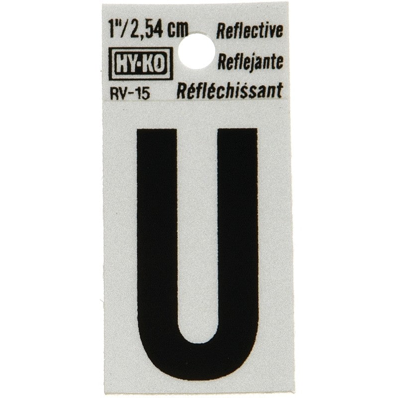 Hy-Ko RV-15/U Reflective Letter, Character: U, 1 in H Character, Black Character, Silver Background, Vinyl (Pack of 10)