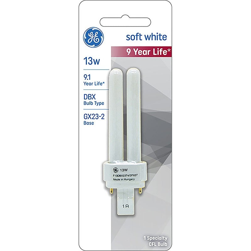 GE 13578 Fluorescent Tube, 13 W, T4 Lamp, GX23-2 Lamp Base, 810 Lumens, 2700 K Color Temp, Soft White Light