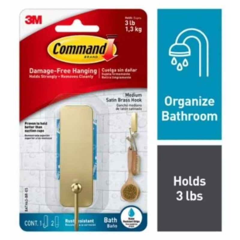 Command BATH43-BR-ES Medium Bath Hook, 3 lb, 1-Hook, Metal, Satin Brass