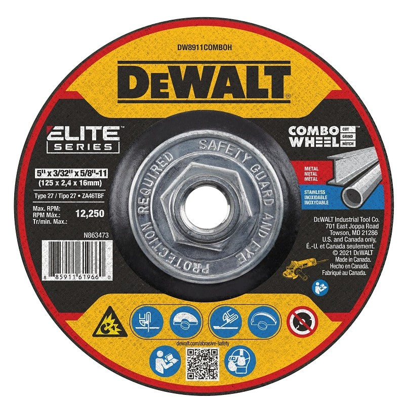 DEWALT ELITE Series DW8911COMBOH Cutting Wheel, 5 in Dia, 0.093 in Thick, 5/8-11 Arbor, 24 Grit, Ceramic Abrasive