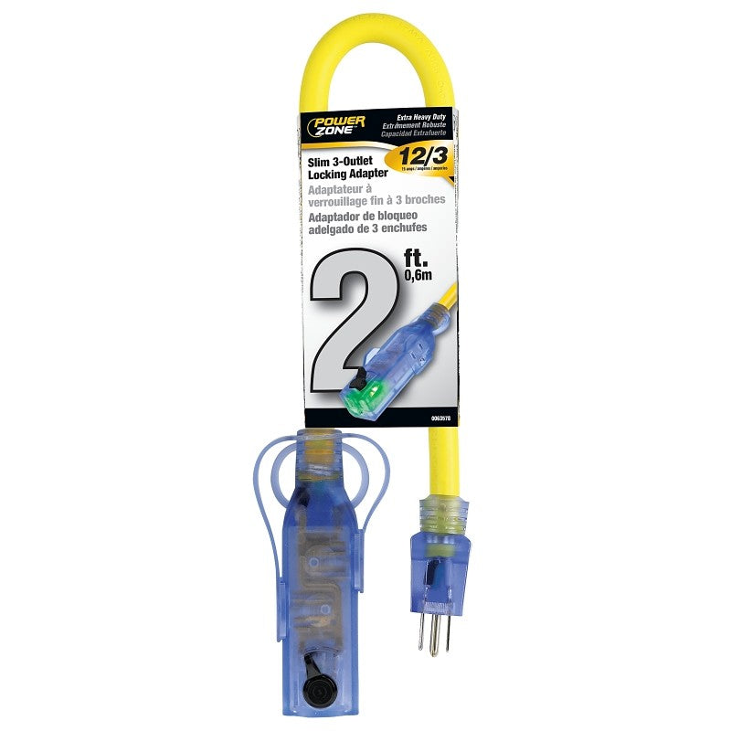 PowerZone ORBAD50802 Adapter Cord, 15 A, 125 V, 3-Outlet, Yellow