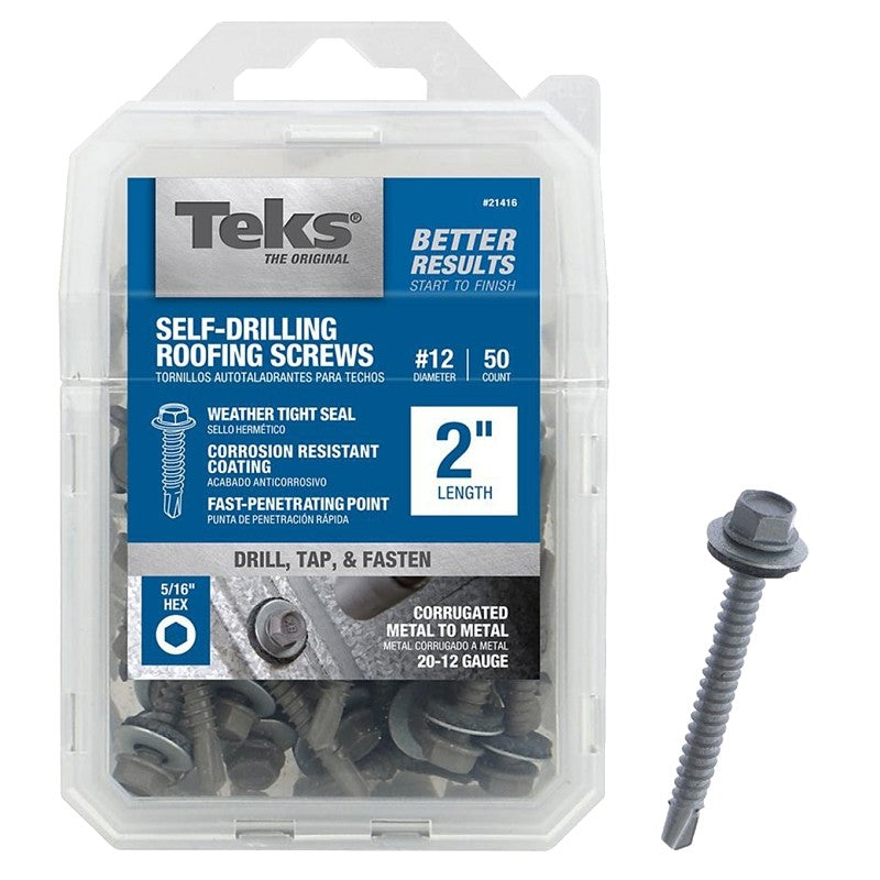 Teks 21416 Roofing Screw, #12 Thread, Coarse Thread, Hex Drive, Self-Drilling Point, Steel, Zinc, 50 PK