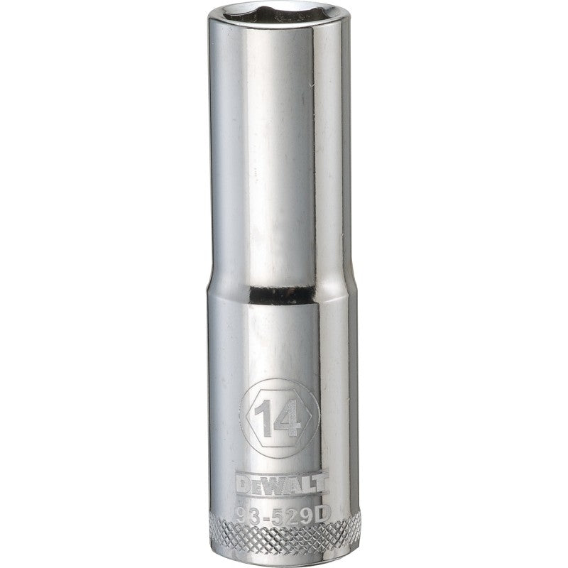 DEWALT DWMT93529OSP Drive Socket, 14 mm Socket, Deep Socket, 3-1/8 in OAL, 1/2 in Drive, 6-Point, Vanadium Steel