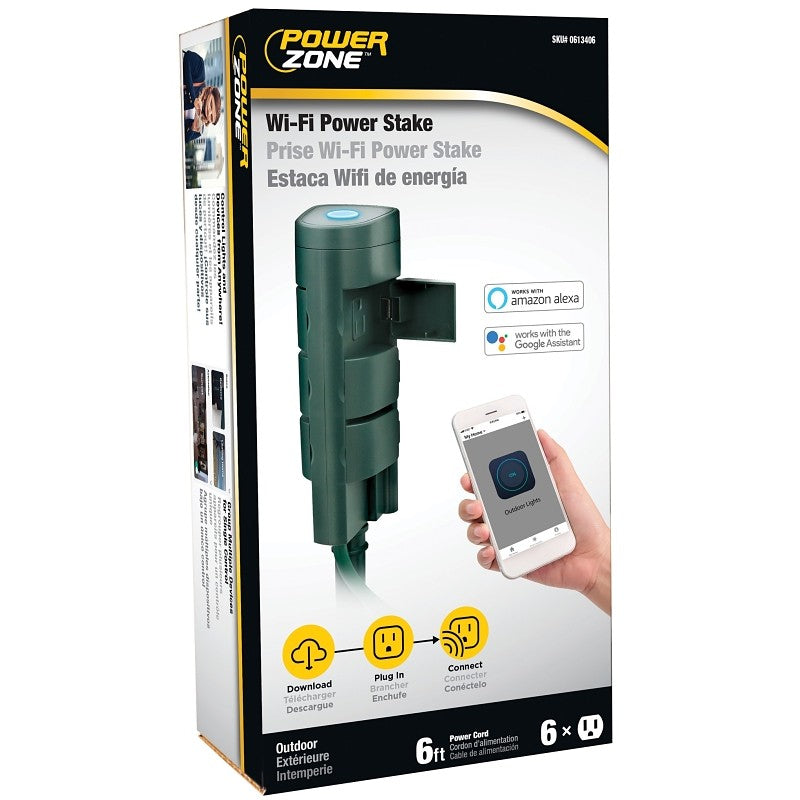 PowerZone ORWFICDTSTK6 Power Stake, 1-Pole, 125 V, Grounded Socket, Wi-Fi, Green