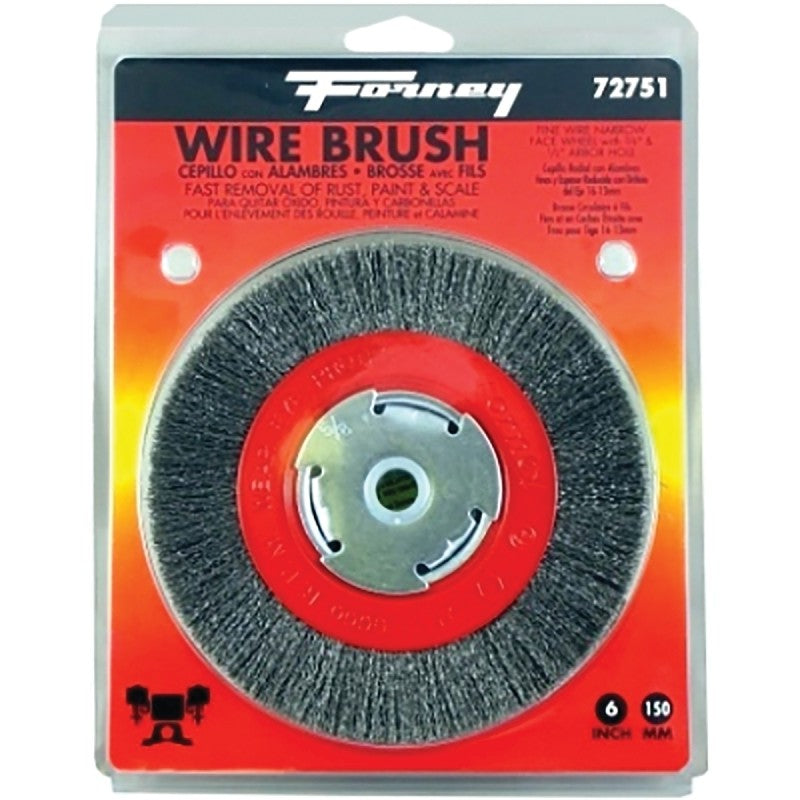 Forney 72751 Wire Bench Wheel Brush, 6 in Dia, 1/2 to 5/8 in Arbor/Shank, 0.008 in Dia Bristle