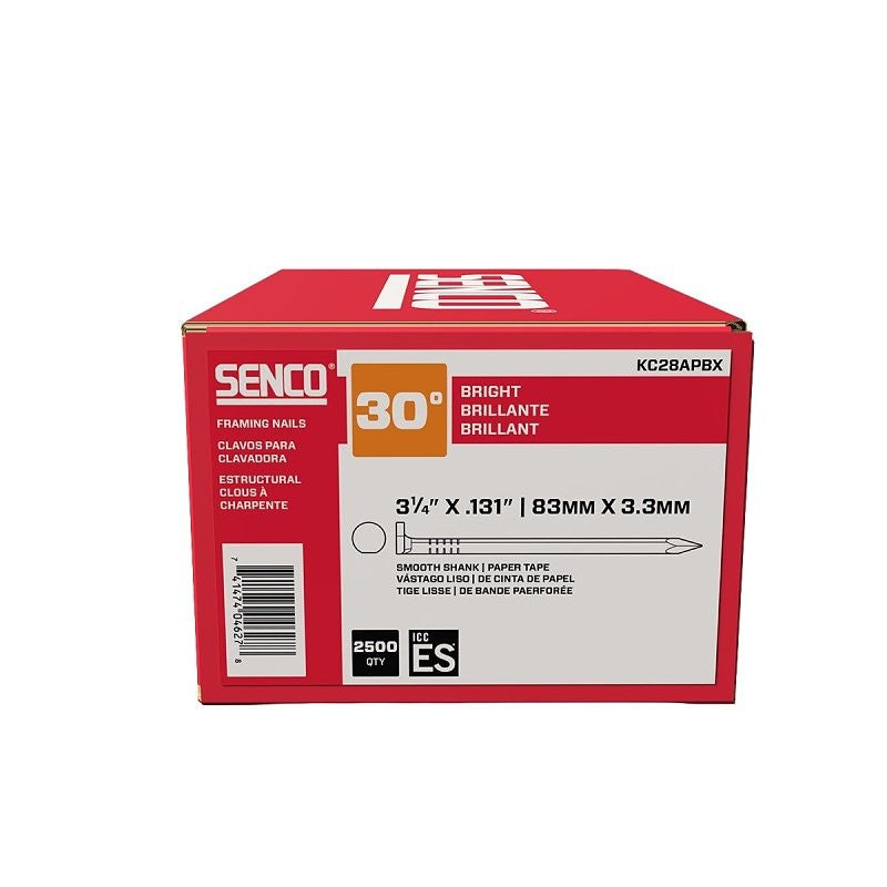 Senco KC28APBX Collated Nail, 3-1/4 in L, Steel, Bright, Offset Full Round Head, Smooth Shank